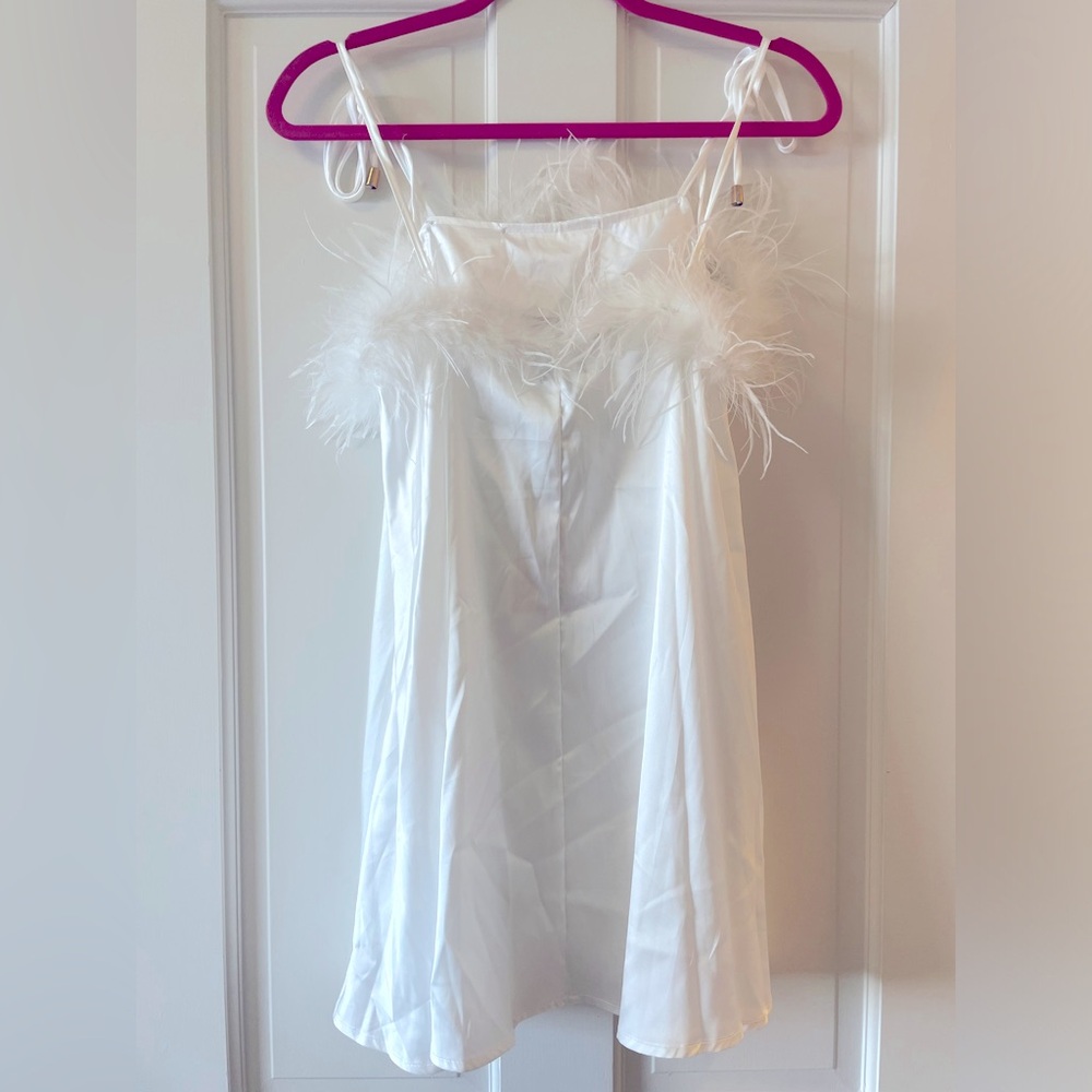 NWT! Nasty Gal Feather Trim Satin Nighty Slip Dress in White - Picture 9 of 11
